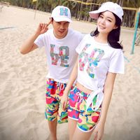 2015新款度假蜜月沙滩情侣套装短袖t恤字母棉大码夏季韩版宽松