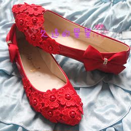 蕾丝珍珠水钻蝴蝶结女式单鞋红色白色婚鞋平底伴娘鞋新娘鞋礼服鞋
