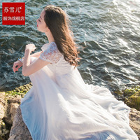 2015夏天短袖刺绣蕾丝雪纺气质仙女收腰波西米亚沙滩裙连衣裙长裙