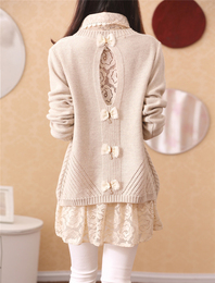 韩版秋冬新款毛衣女显瘦衬衫领蕾丝打底衫中长款长袖针织套头线衣