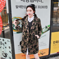 韩国代购2015秋冬韩版新款宽松大码毛呢女迷彩外套中长款呢子大衣