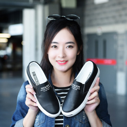 秋季韩版皮面帆布鞋女平跟懒人一脚蹬板鞋女士平底休闲学生单鞋潮