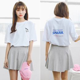韩国代购chic学院风精美刺绣鲨鱼后背印花短袖宽松T恤女