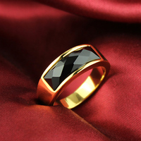 复古黑曜石转运戒指 男士欧美时尚钛钢镀金指环宝石戒子 礼物包邮