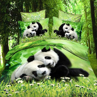 纯棉3D5D熊猫绿色花草四件套活性印花全棉双人宿舍4套件床上用品