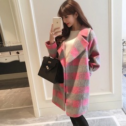 2015冬装新款女装韩版女士粉色格子呢料大衣毛呢外套中长款风衣
