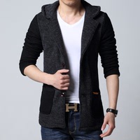 2015冬季新款男士连帽风衣中长款男装加绒加厚针织外套韩版大衣潮
