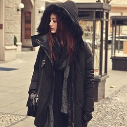 2015欧洲站韩版新款拼皮黑色大码毛领冬季羽绒服女中长款加厚修身