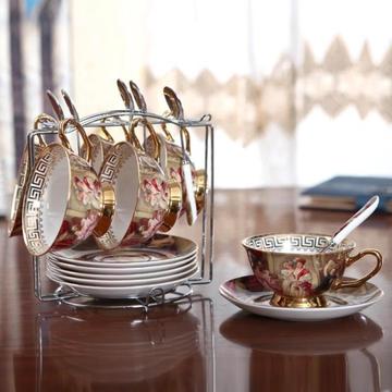 高档欧式复古骨瓷咖啡杯套装创意英式陶瓷花茶杯子带架子勺子包邮