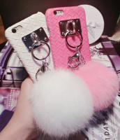 韩国獭兔毛球冰丝流苏手机壳6s仿皮编织苹果iPhone6 plus保护壳