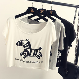 2015夏装韩版女装小动物图案莫代尔短袖T恤女士超短款宽松小罩衫