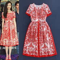 2015夏季女装新款 倪妮明星同款 优雅气质短袖修身红花瓷连衣裙