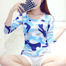 韩版秋装大码迷彩长袖T恤女修身显瘦休闲时尚运动服女装打底衫潮