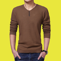 2015春秋新款男士长袖T恤V领针织线衣薄款韩版修身男装大码打底衫