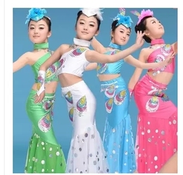 新款白色民族儿童舞蹈服女孩傣族服装孔雀舞裙舞台演出亮片表演服