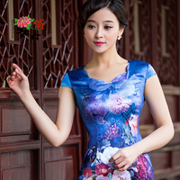 蓝牡丹 2015夏季时尚改良重磅真丝日常短旗袍 高档桑蚕丝复古旗袍