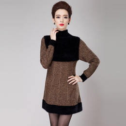 2015新款冬季女装修身套头毛衣宽松大码羊绒羊毛中长款毛领打底衫