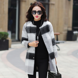 2015秋冬韩版新款名媛羊毛呢外套女中长款加厚格子呢子大衣女
