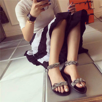 韩版夏季新款平底露趾罗马鞋韩国编织平跟水钻凉鞋女