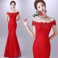 2015韩版新娘结婚敬酒回门礼服套装红色秋冬新款女鱼尾一字肩礼服