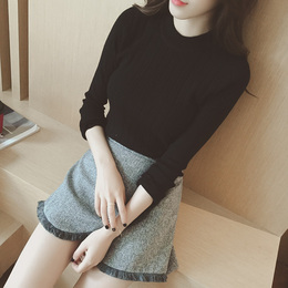 韩版新品百搭套头针织打底衫2015秋冬季修身显瘦条纹长袖针织衫女