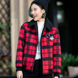 纳纬2015冬季新款短款格子毛呢外套女韩版潮加厚宽松翻领呢子大衣