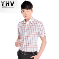 夏装新款 男士韩版修身格子短袖 时尚休闲衬衫 商务职业棉衬衣