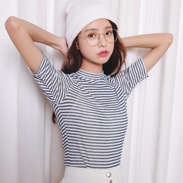 2016夏季最新条文简单设计款韩版修身小清新白搭款 女士短袖T恤
