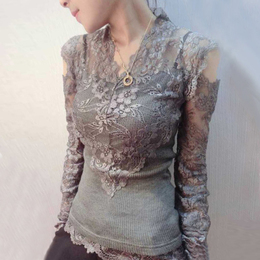 蕾丝打底衫女长袖冬季韩版女装性感露肩上衣短款大码针织T恤小衫