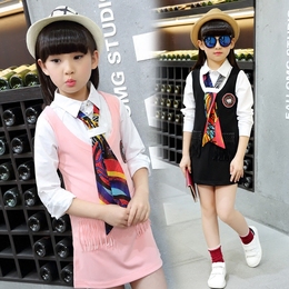 2016新款童装女童学院风秋季长袖连衣裙韩版中大童儿童假两件裙子