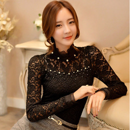 加绒加厚蕾丝打底衫2016新春新款韩版修身黑色高领蕾丝衫女装