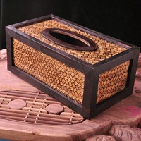 泰国竹编纸巾盒工艺品东南亚风格进口雕刻实木藤编长方形抽纸盒