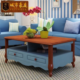 地中海家具风格美式乡村茶几实木板式蓝色白色客厅电视柜茶几组合