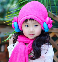 韩版儿童假发帽2-7岁宝宝帽子 女童秋冬季帽加厚保暖帽子围巾套装