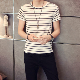 夏季新款流行条纹男士短袖T恤青年韩版纯棉半袖打底衫时尚男装潮