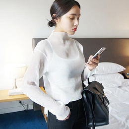 韩国购2016年夏装新款微透视性感轻薄褶皱高领打底衫衬衫女t恤