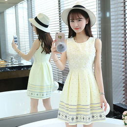 2016夏季新款韩版女装小清新印花蕾丝背心裙子夏装修身无袖连衣裙