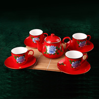 醴陵红瓷茶具牡丹花陶瓷茶壶杯子套装家居日用品大唐源红瓷套装