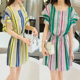 2016夏季韩版新款条纹撞色修身甜美气质棉麻连衣裙中长款收腰裙子