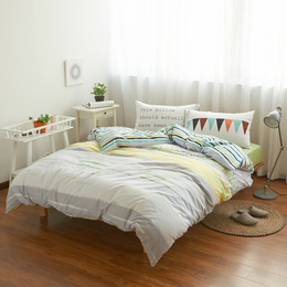 全棉床上用品三或四件套简约彩色条纹正反面都可以盖大学生寝室