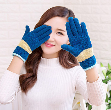 厂家直销 2016新款冬季拼色条纹保暖电脑五指毛线女士手套