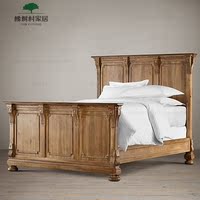 出口美国卧室床美式乡村复古雕花做旧古典皇室实木双人床橡木1.8