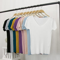 2016夏季韩版纯色V领短袖修身百搭弹力冰丝针织短款薄T恤女上衣潮