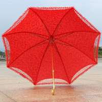 结婚婚庆大红色伞新娘伞 超轻长柄晴雨伞 直杆蕾丝花边女士太阳伞