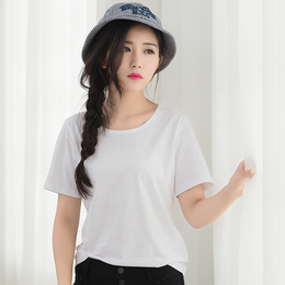 夏季女装 短袖T恤女韩版纯棉宽松上衣学生白色半截袖 圆领打底衫