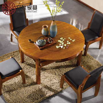 胡桃木实木餐桌椅可伸缩变形圆餐台1.3米跳台小户型中式简约现代