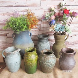 复古怀旧陶瓷花瓶客厅插花陶罐粗陶坛子花器摆件仿古土陶花盆做旧
