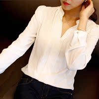 2016秋季新款韩版大码女装白色雪纺衫女长袖百搭拼接打底上衣衬衫