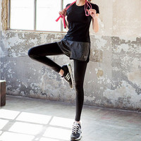 韩国弹力女运动短裤跑步大码休闲健身瑜伽套装速干假两件紧身长裤