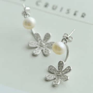 925纯银韩国镶钻雏菊后挂式花朵淡水珍珠两种戴法耳钉女